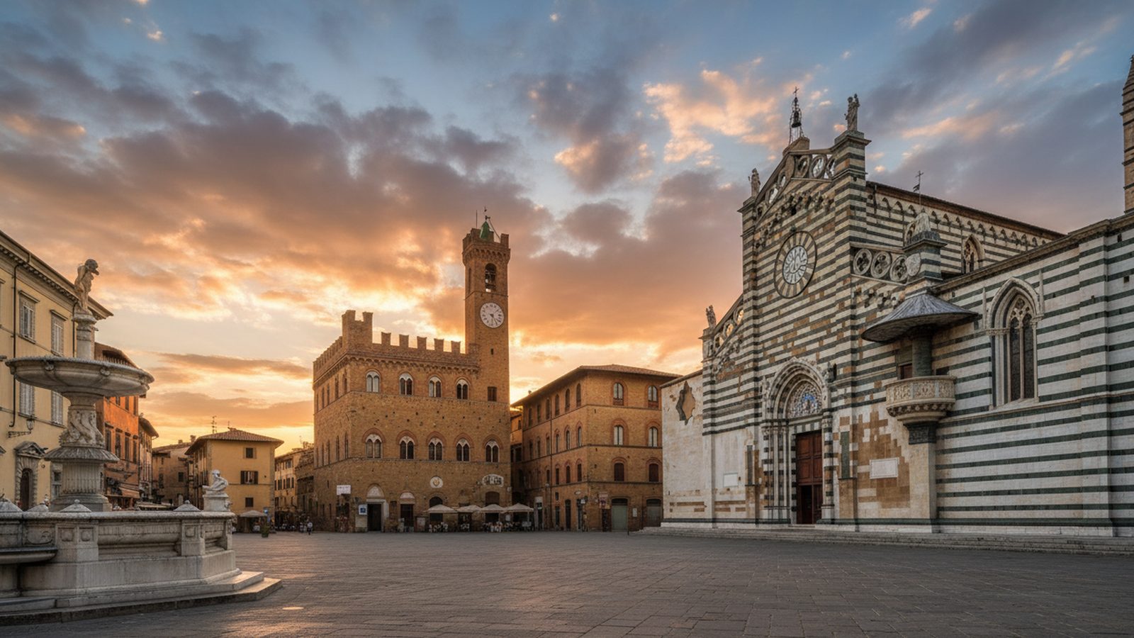 Piazza del Duomo a Prato al tramonto, con il Palazzo Comunale e la cattedrale